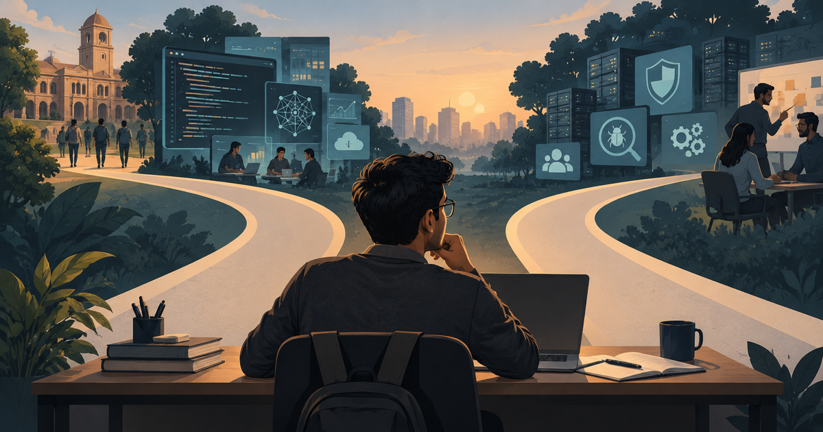 An Indian engineering graduate at a desk considering several paths into modern software work, including AI-assisted coding and systems engineering.